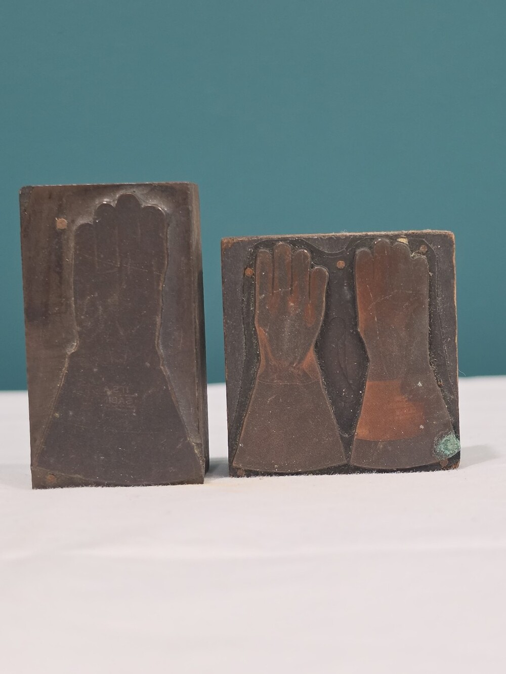 Vintage Letterpress Printer Blocks Gloves Metal Wood Lot of 2